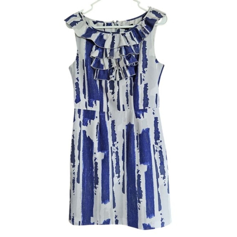 Banana Republic Dress‎ Size 6 Blue Gray Ruffle Sleeveless Sheath Office Abstract